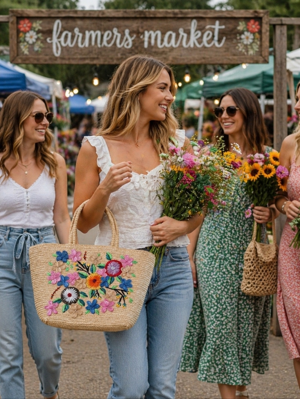 Woven Straw Tote Bag with Multicolor Embroidered Flowers